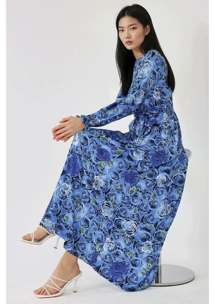Kadın Çiçek Desenli Uzun Kol Örme Modest Elbise Fas Mavisi