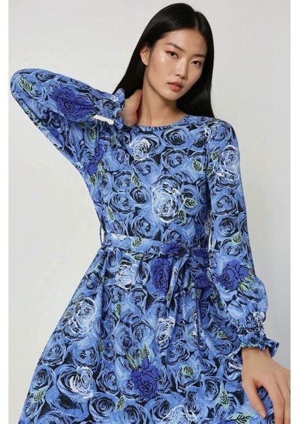 Kadın Çiçek Desenli Uzun Kol Örme Modest Elbise Fas Mavisi modelleri