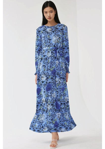 Kadın Çiçek Desenli Uzun Kol Örme Modest Elbise Fas Mavisi fırsatları