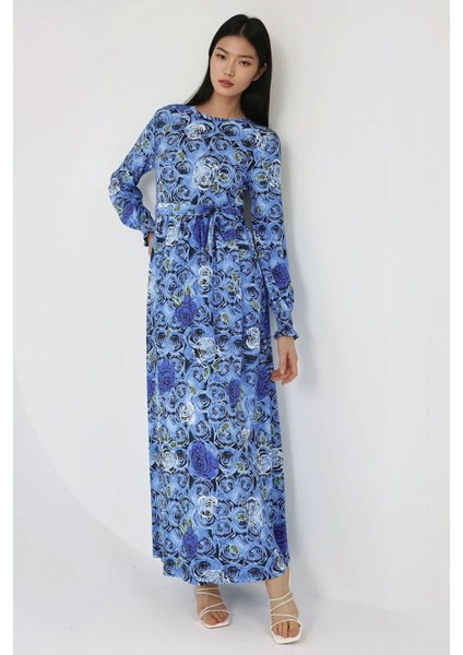 Kadın Çiçek Desenli Uzun Kol Örme Modest Elbise Fas Mavisi indirimleri