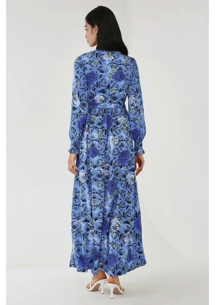 Kadın Çiçek Desenli Uzun Kol Örme Modest Elbise Fas Mavisi
