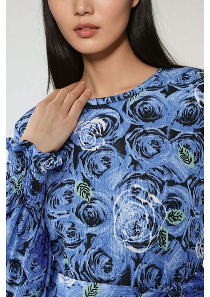 Kadın Çiçek Desenli Uzun Kol Örme Modest Elbise Fas Mavisi