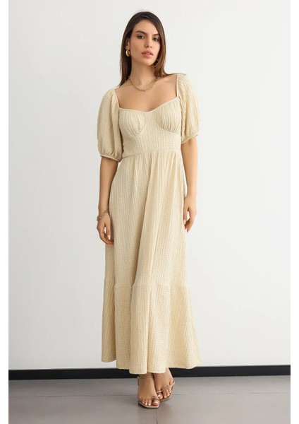 Kadın Muslin Bağcıklı Maxi Elbise Natural