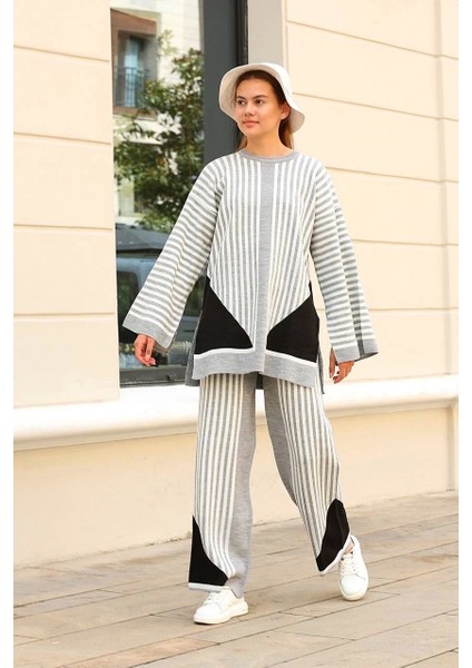 Çizgili Bisiklet Yaka Triko Takım Gri modelleri
