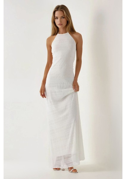 Kadın Dokulu Halter Yaka Maxi Elbise White modelleri