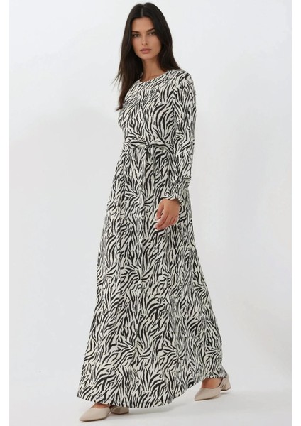 Kadın Baskılı Bisiklet Yaka Dokulu ve Kuşaklı Modest Elbise Black