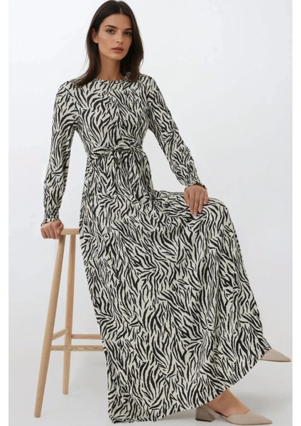 Kadın Baskılı Bisiklet Yaka Dokulu ve Kuşaklı Modest Elbise Black fiyatları