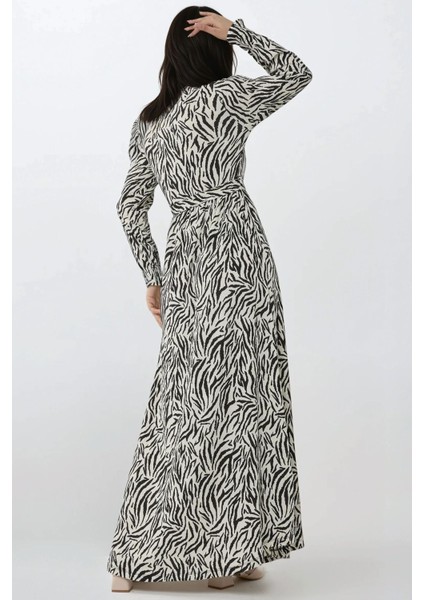 Kadın Baskılı Bisiklet Yaka Dokulu ve Kuşaklı Modest Elbise Black modelleri