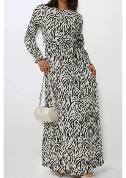 Kadın Baskılı Bisiklet Yaka Dokulu ve Kuşaklı Modest Elbise Black fırsatları