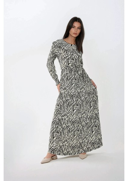 Kadın Baskılı Bisiklet Yaka Dokulu ve Kuşaklı Modest Elbise Black indirimleri