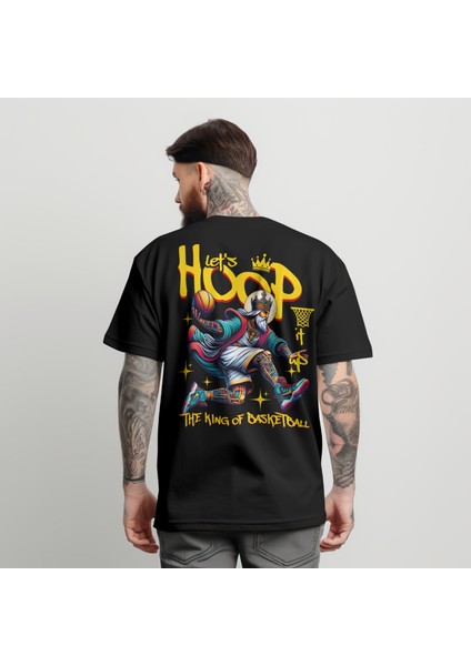 Siyah Oversize Erkek Basketbol Baskılı T-Shirt %100 Pamuk