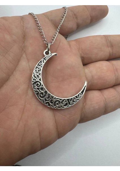 Hilal Desen Otantik Desenli Unisex Kolye | Vintage Tarz Takı | Metal Zincir