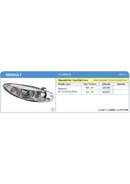 -202296 - Far Sağ + Sınyal Fluence 13> Krom Çerçevelı Motorlu