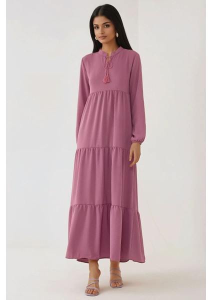 Kadın Dokulu Bağlama Detaylı Bisiklet Yaka Modest Elbise Pink fırsatları