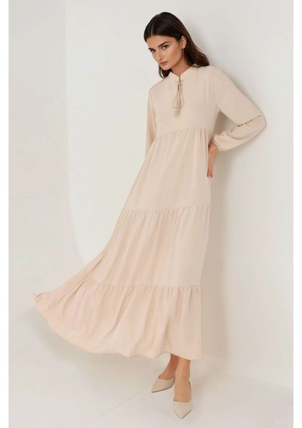 Kadın Düğmeli Desenli Kısa Modest Elbise Natural modelleri