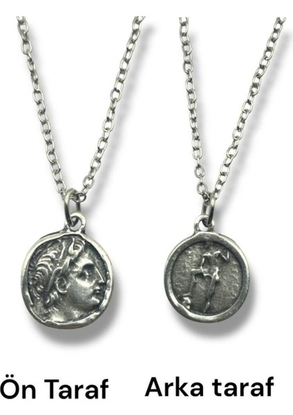 Sezar Desen Roma Para Kolye – Çift Taraflı – 1 Adet – Metal Zincirli Unisex Metal Kolye