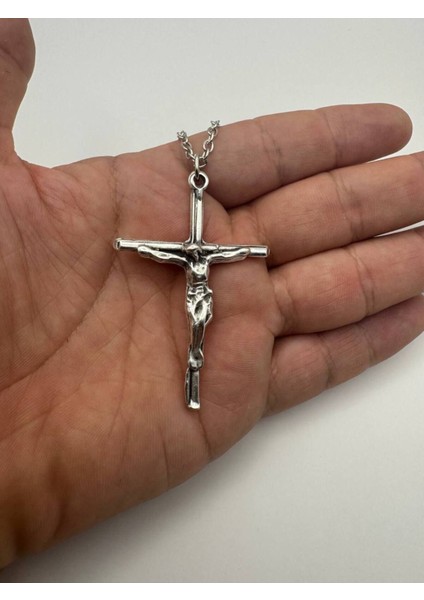 Isa Heykeli Desen Haç Kolye – Metal Zincirli, Dini & Antik Unisex Takı