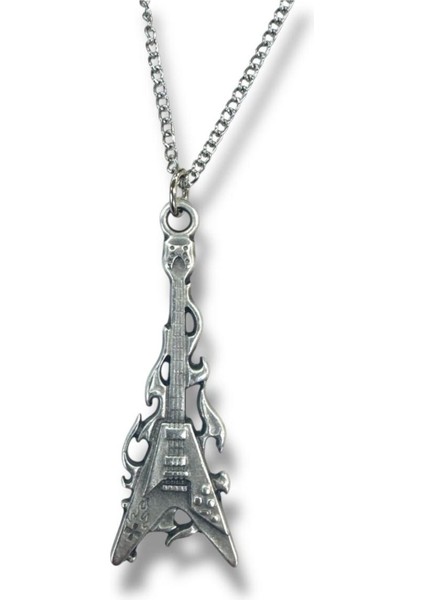 Ateşli Elektro Gitar Tasarımlı Rock Tarzı Kolye – Unisex Metal Zincir