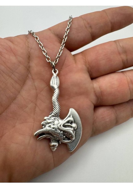Ejderha Desen Balta Kolye – Metal Zincirli Unisex Zamak Kaplama Gotik Fantastik Aksesuar