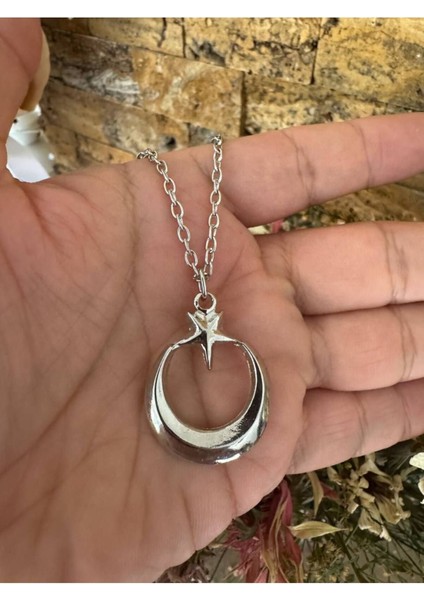Ayyıldız Desen Erkek Kolye – Gümüş Renk Metal Zincirli Metal Unisex Tasarım