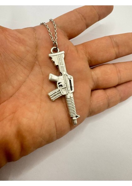 Tüfek Desen Gümüş Renk Unisex Metal Kolye – Sert ve Askerî Stil - Metal Zincir