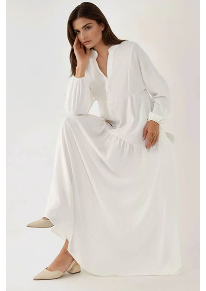 Kadın Düğme Detaylı Dokulu Uzun Kol V Yaka Modest Elbise Beyaz