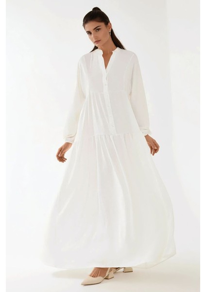 Kadın Düğme Detaylı Dokulu Uzun Kol V Yaka Modest Elbise Beyaz fiyatları