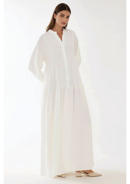 Kadın Düğme Detaylı Dokulu Uzun Kol V Yaka Modest Elbise Beyaz modelleri