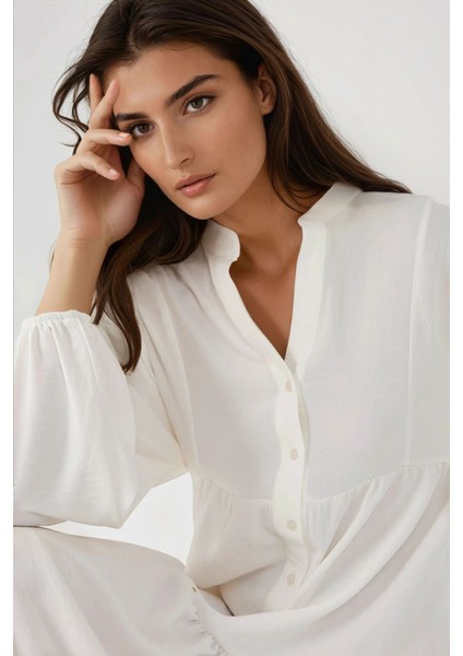 Kadın Düğme Detaylı Dokulu Uzun Kol V Yaka Modest Elbise Beyaz fırsatları