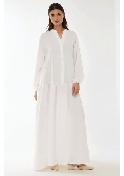 Kadın Düğme Detaylı Dokulu Uzun Kol V Yaka Modest Elbise Beyaz indirimleri