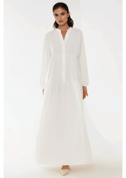 Kadın Düğme Detaylı Dokulu Uzun Kol V Yaka Modest Elbise Beyaz