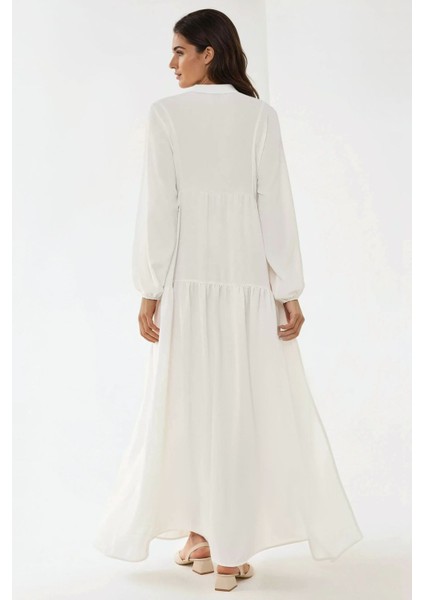 Kadın Düğme Detaylı Dokulu Uzun Kol V Yaka Modest Elbise Beyaz