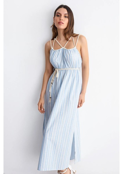 Kadın Çizgili Bağcıklı İnce Askılı Maxi Elbise Buz Mavisi