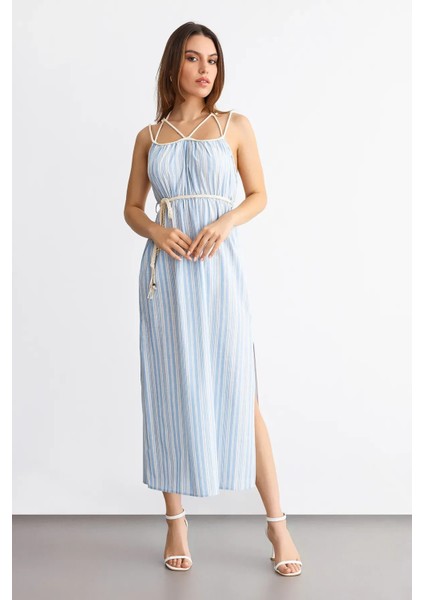 Kadın Çizgili Bağcıklı İnce Askılı Maxi Elbise Buz Mavisi fiyatları