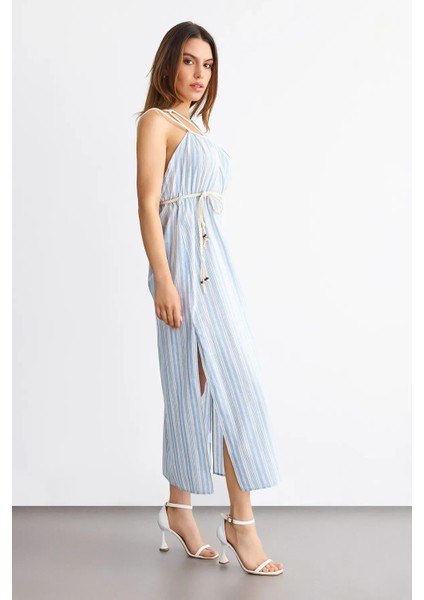Kadın Çizgili Bağcıklı İnce Askılı Maxi Elbise Buz Mavisi modelleri