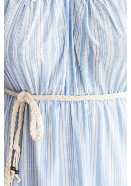 Kadın Çizgili Bağcıklı İnce Askılı Maxi Elbise Buz Mavisi indirimleri