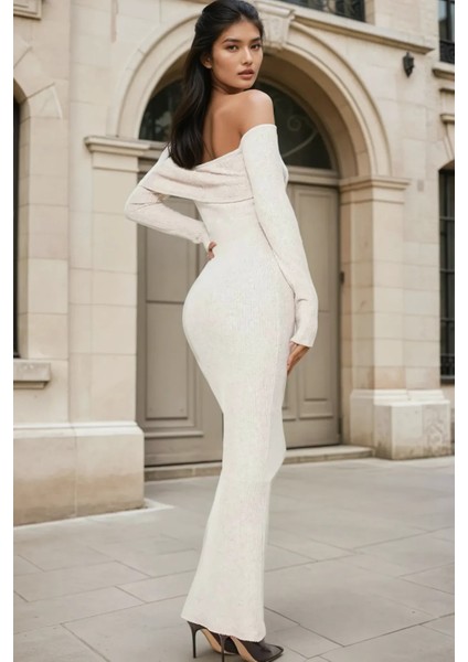 Kadın Omzu Açık Bodycon Ribana Maxi Elbise Natural modelleri