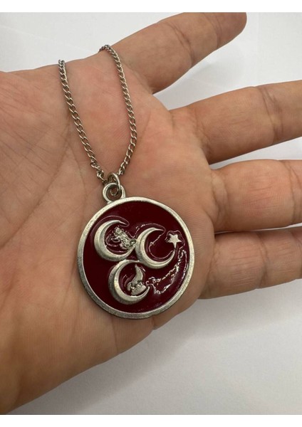 Üç Hilal Tuğralı Bozkurt ve Ay Yıldız Desen Kolye – Gümüş Renk Unisex Metal Takı