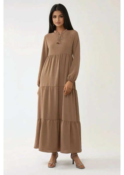 Kadın Düğmeli Desenli Kısa Modest Elbise Deve Kahvesi