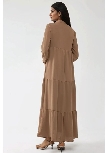 Kadın Düğmeli Desenli Kısa Modest Elbise Deve Kahvesi indirimleri