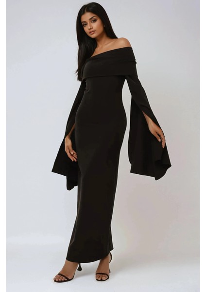 Kadın Özel Dikim Yırtmaçlı Omzu Açık Bodycone Maxi Elbise Siyah