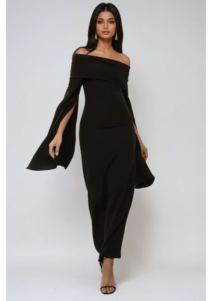 Kadın Özel Dikim Yırtmaçlı Omzu Açık Bodycone Maxi Elbise Siyah modelleri