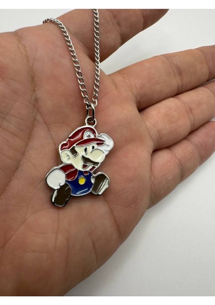 Super Mario Desen Renkli Unisex Kolye – Metal Zincirli Retro Oyun Karakter Takısı