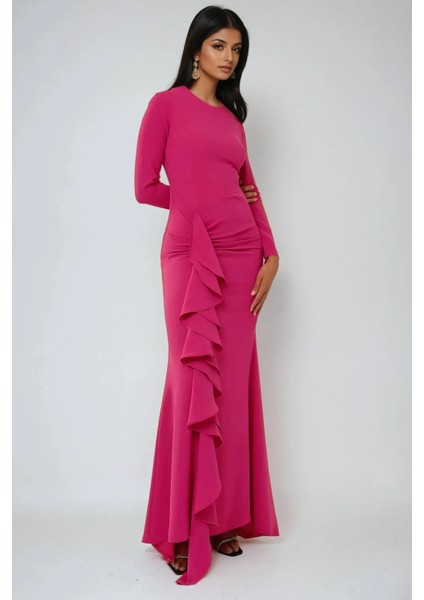 Kadın Özel Dikim Volanlı Maxi Elbise Neon Pembe
