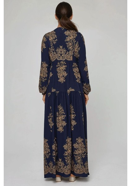 Kadın Baskılı Uzun Kol Viskon Modest Elbise Lacivert fiyatları