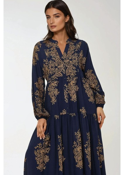 Kadın Baskılı Uzun Kol Viskon Modest Elbise Lacivert modelleri