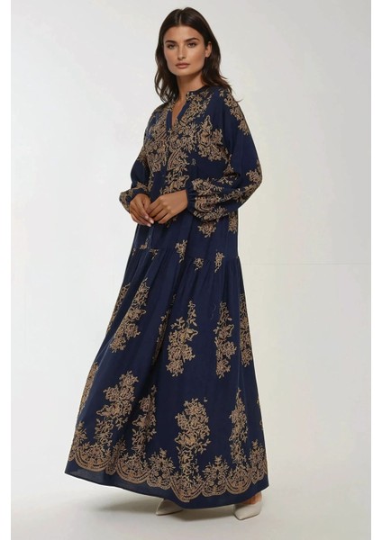 Kadın Baskılı Uzun Kol Viskon Modest Elbise Lacivert fırsatları