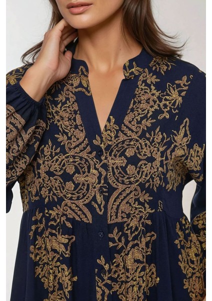 Kadın Baskılı Uzun Kol Viskon Modest Elbise Lacivert indirimleri