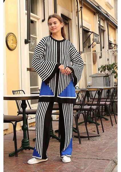 Çizgili Bisiklet Yaka Triko Takım Siyah modelleri