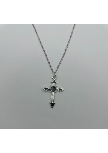 Siyah Gotik Haç Desen Unisex Kolye – Metal Zincirli, Alternatif Metal Takı